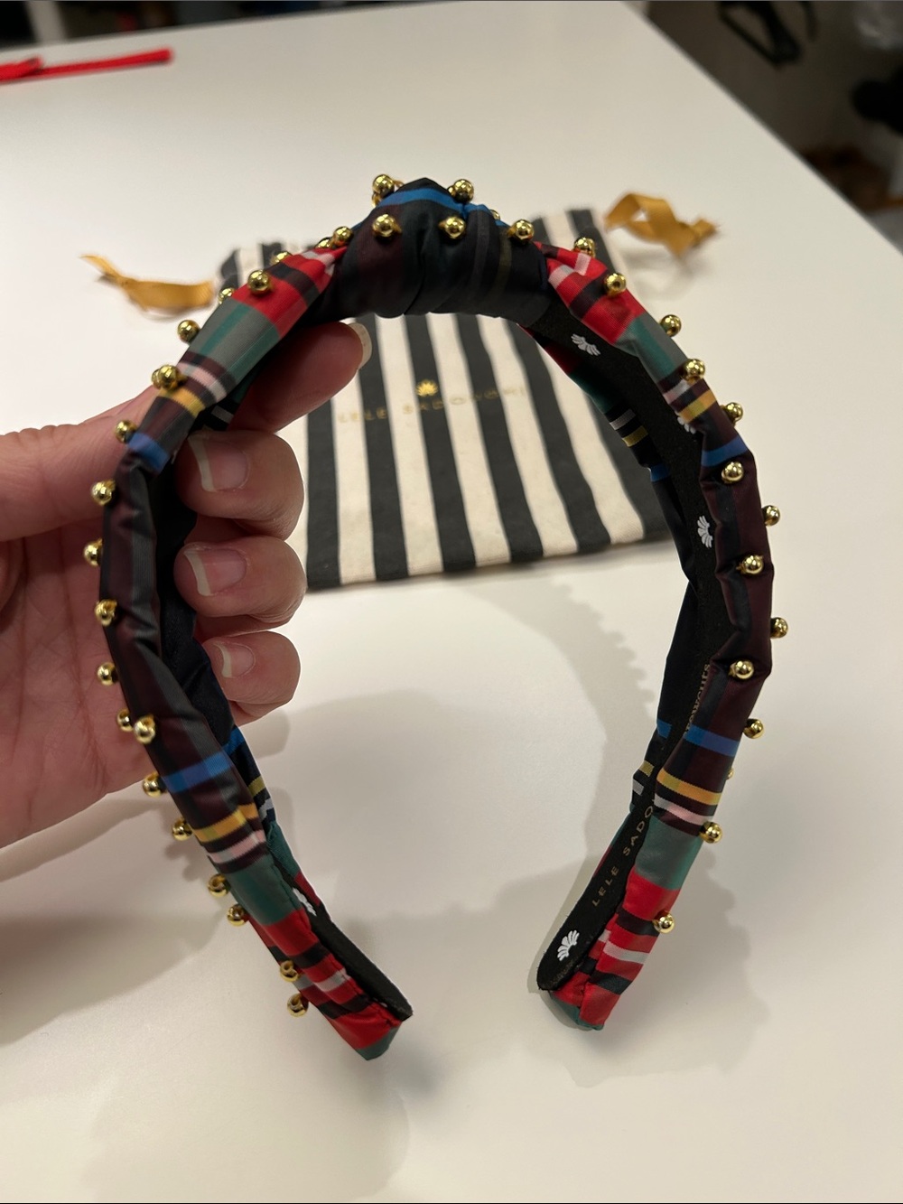 Lele Sadoughi x crewcuts Plaid Knotted Headband with Gold Bead Trim - rare!